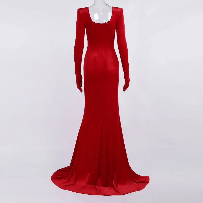 Sexy V Neck Long Sleeve High Split Long Maxi Dress Night Club Prom Wedding Party Dresses Women Evening Elegant Red Velvet Dress