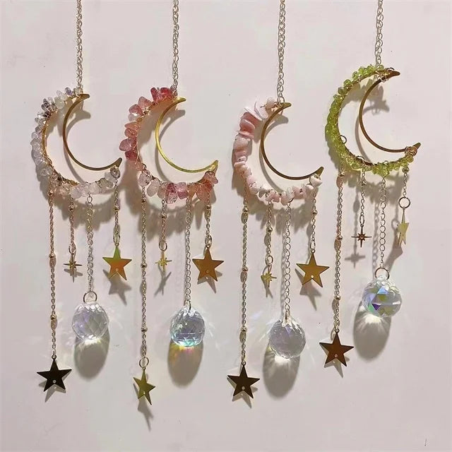 Wholesale Crystals Moon Shaped Natural Mixed Crystal Stone Chips Angel Sun Catcher Stained Glass Hangings for Sale