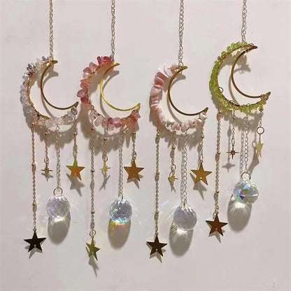 Wholesale Crystals Moon Shaped Natural Mixed Crystal Stone Chips Angel Sun Catcher Stained Glass Hangings for Sale