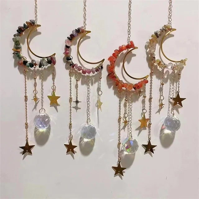 Wholesale Crystals Moon Shaped Natural Mixed Crystal Stone Chips Angel Sun Catcher Stained Glass Hangings for Sale