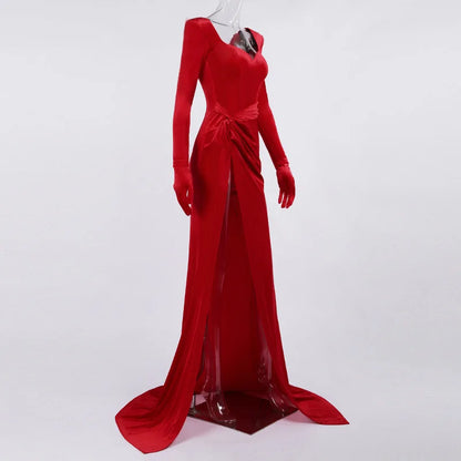 Sexy V Neck Long Sleeve High Split Long Maxi Dress Night Club Prom Wedding Party Dresses Women Evening Elegant Red Velvet Dress