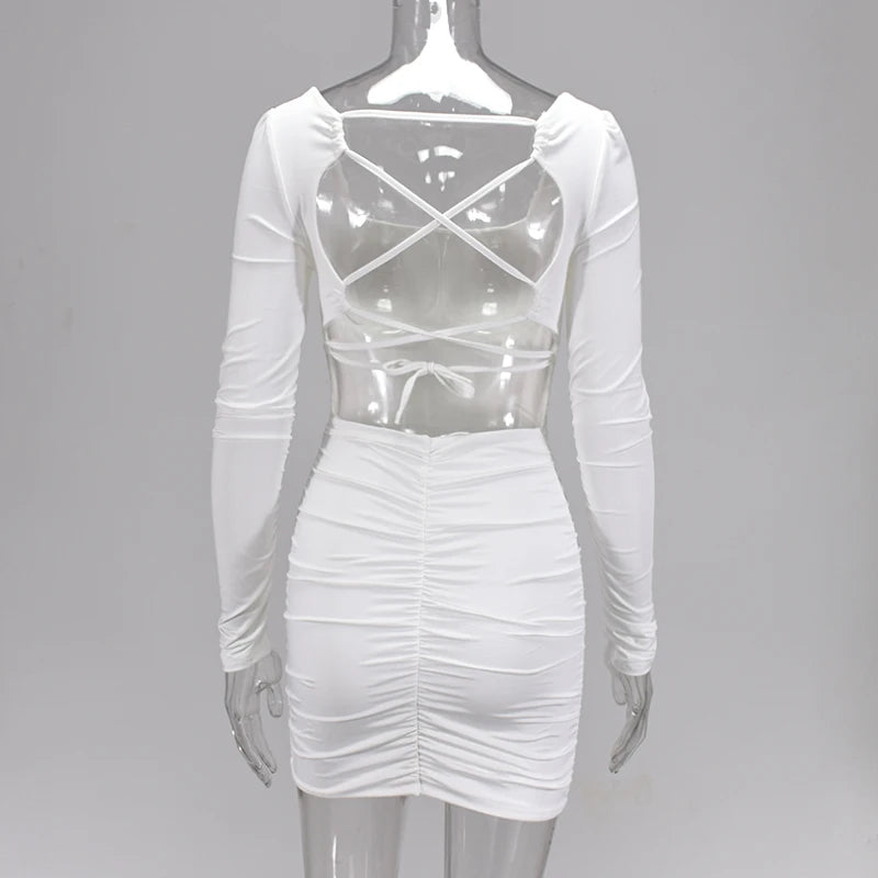 NewAsia Double Layers Sexy Dress Women Long Sleeve Club Dresses Backless Lace Up Ruched Dress Casual White Mini Bodycon Vestidos