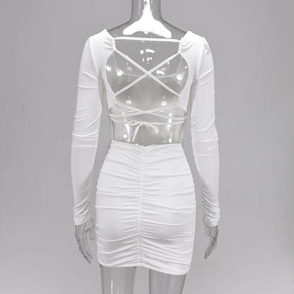 NewAsia Double Layers Sexy Dress Women Long Sleeve Club Dresses Backless Lace Up Ruched Dress Casual White Mini Bodycon Vestidos