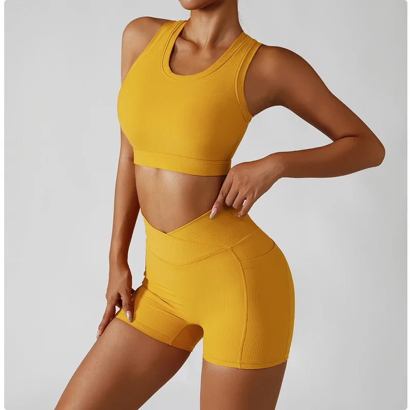 PASUXI Seamless Ribbed Workout Outfits for Women 2/4 Piece Sport Bra High Waist Shorts Yoga Leggings Sets Fitness Gym Clothing