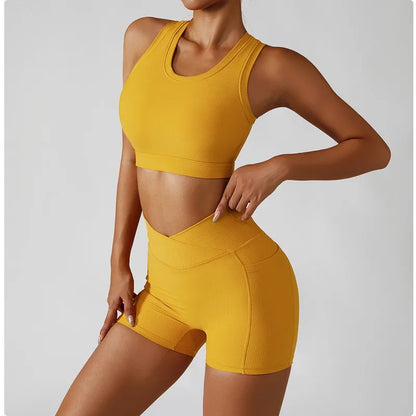 PASUXI Seamless Ribbed Workout Outfits for Women 2/4 Piece Sport Bra High Waist Shorts Yoga Leggings Sets Fitness Gym Clothing