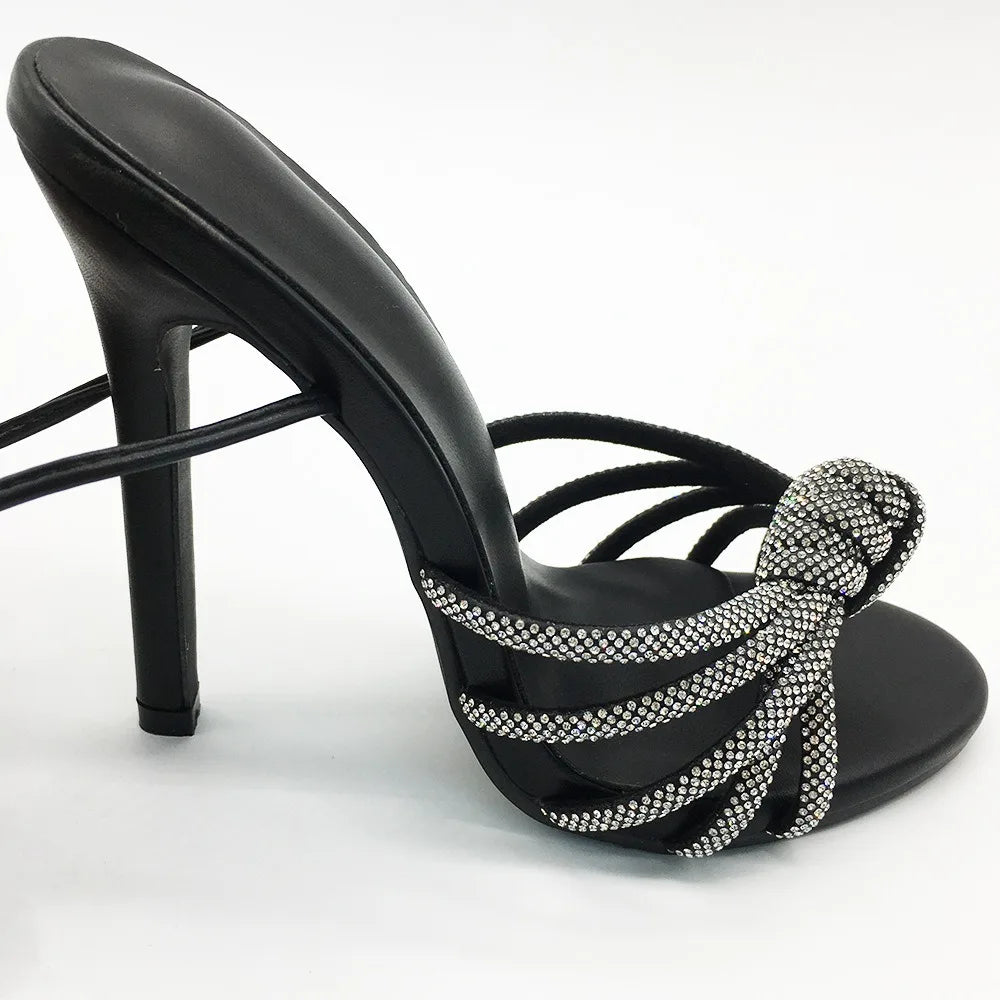 New Fashion Retro Roman High Heel Women Sandals Black Diamond Ladies Footwear Elegant Open Toe Lace-up Thin Heels Summer Winter
