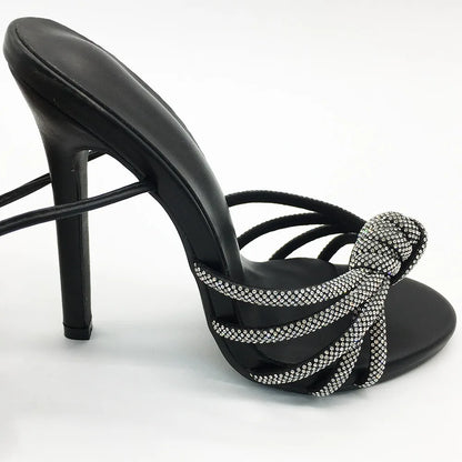 New Fashion Retro Roman High Heel Women Sandals Black Diamond Ladies Footwear Elegant Open Toe Lace-up Thin Heels Summer Winter