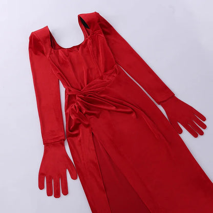 Sexy V Neck Long Sleeve High Split Long Maxi Dress Night Club Prom Wedding Party Dresses Women Evening Elegant Red Velvet Dress