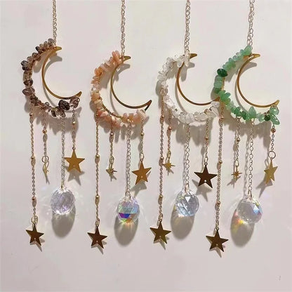 Wholesale Crystals Moon Shaped Natural Mixed Crystal Stone Chips Angel Sun Catcher Stained Glass Hangings for Sale