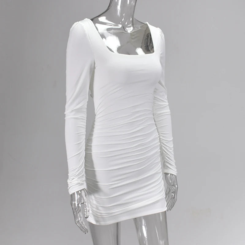 NewAsia Double Layers Sexy Dress Women Long Sleeve Club Dresses Backless Lace Up Ruched Dress Casual White Mini Bodycon Vestidos