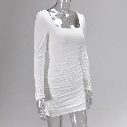 NewAsia Double Layers Sexy Dress Women Long Sleeve Club Dresses Backless Lace Up Ruched Dress Casual White Mini Bodycon Vestidos