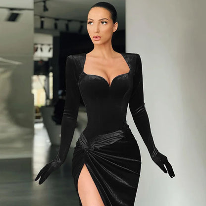 Sexy V Neck Long Sleeve High Split Long Maxi Dress Night Club Prom Wedding Party Dresses Women Evening Elegant Red Velvet Dress