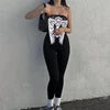 Summer Hot Selling Women Diamond Collage Printed Slim Body Sexy Off Shoulder Jumpsuit