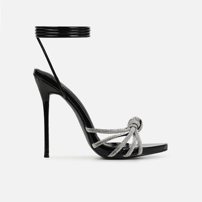 New Fashion Retro Roman High Heel Women Sandals Black Diamond Ladies Footwear Elegant Open Toe Lace-up Thin Heels Summer Winter