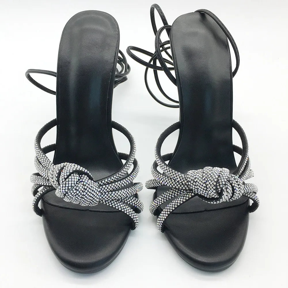 New Fashion Retro Roman High Heel Women Sandals Black Diamond Ladies Footwear Elegant Open Toe Lace-up Thin Heels Summer Winter