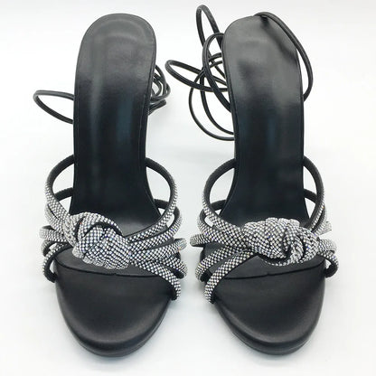 New Fashion Retro Roman High Heel Women Sandals Black Diamond Ladies Footwear Elegant Open Toe Lace-up Thin Heels Summer Winter
