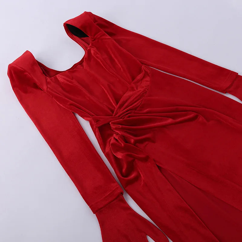 Sexy V Neck Long Sleeve High Split Long Maxi Dress Night Club Prom Wedding Party Dresses Women Evening Elegant Red Velvet Dress