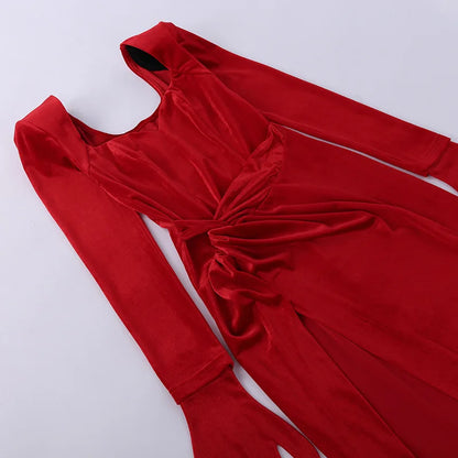 Sexy V Neck Long Sleeve High Split Long Maxi Dress Night Club Prom Wedding Party Dresses Women Evening Elegant Red Velvet Dress