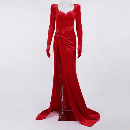 Sexy V Neck Long Sleeve High Split Long Maxi Dress Night Club Prom Wedding Party Dresses Women Evening Elegant Red Velvet Dress
