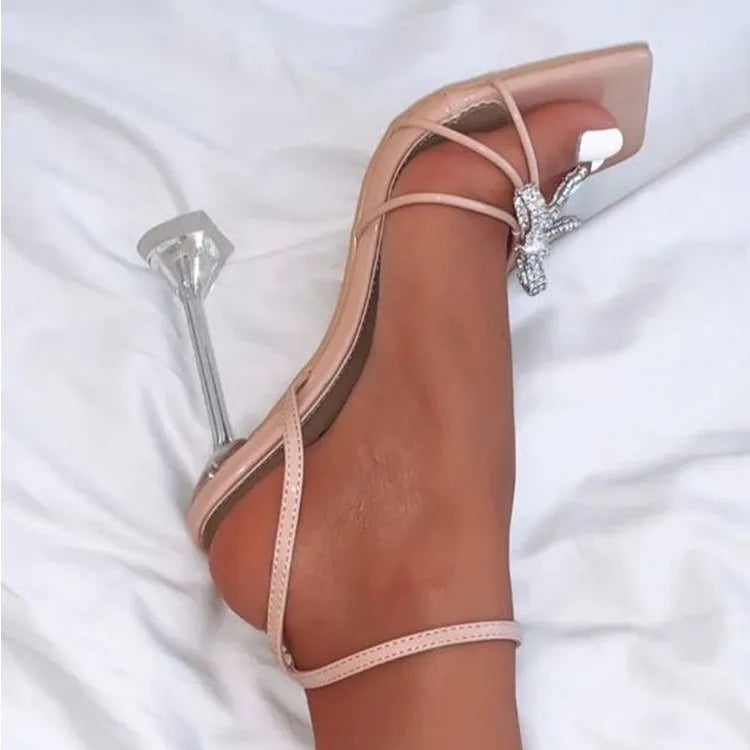 Women Summer Thin Heels Rhinestone Sandals Autumn Fashion PU Leather Insole Pumps Toe Buckle  Closure Sexy Summer Dress