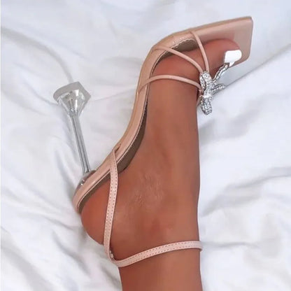 Women Summer Thin Heels Rhinestone Sandals Autumn Fashion PU Leather Insole Pumps Toe Buckle  Closure Sexy Summer Dress
