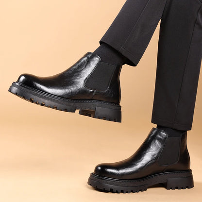 Cowhide Genuine Leather Ankle Boots Comfortable Real Cook Leather Dress Shoes Handsome Classy Slip on Men Boots