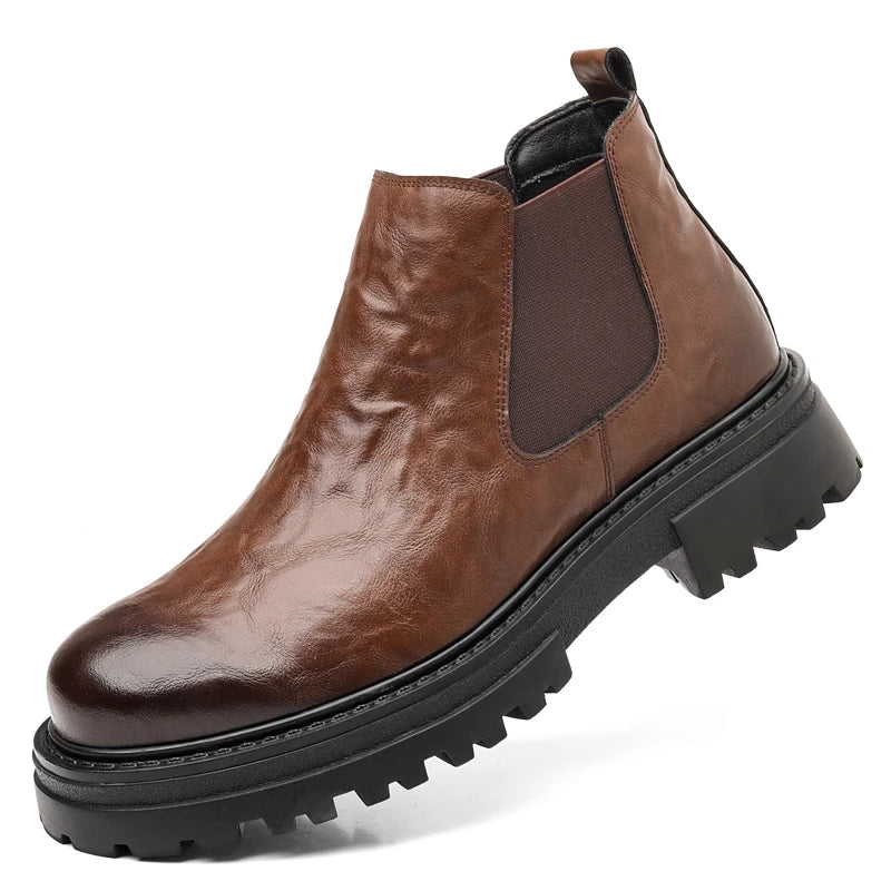 Cowhide Genuine Leather Ankle Boots Comfortable Real Cook Leather Dress Shoes Handsome Classy Slip on Men Boots