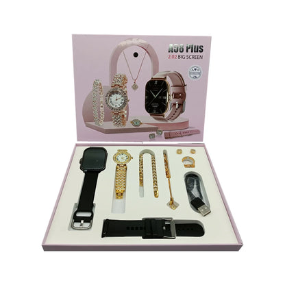 2024 Montre Ensemble Pour Les Femmes A58 PLUS 8 En 1 2 Sangle Anneau Boucle D'oreille Ecran Tactile Dames Montre Intelligente