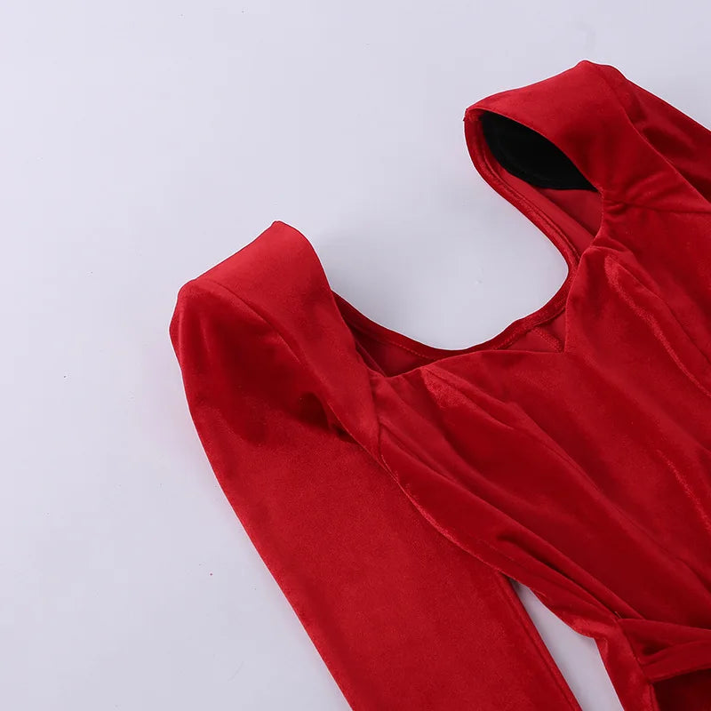 Sexy V Neck Long Sleeve High Split Long Maxi Dress Night Club Prom Wedding Party Dresses Women Evening Elegant Red Velvet Dress