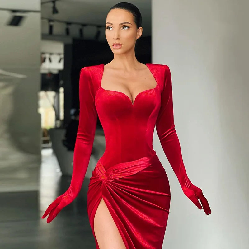 Sexy V Neck Long Sleeve High Split Long Maxi Dress Night Club Prom Wedding Party Dresses Women Evening Elegant Red Velvet Dress