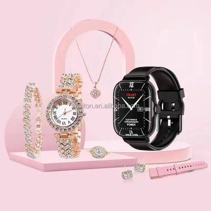2024 Montre Ensemble Pour Les Femmes A58 PLUS 8 En 1 2 Sangle Anneau Boucle D'oreille Ecran Tactile Dames Montre Intelligente
