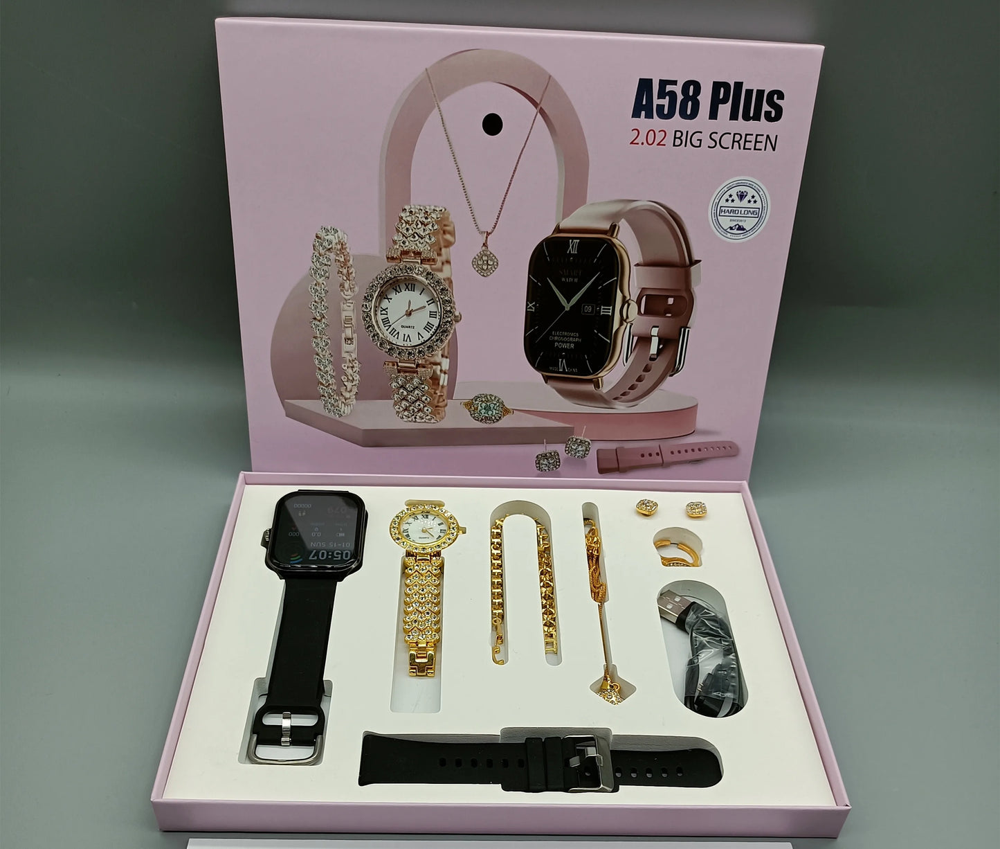 2024 Montre Ensemble Pour Les Femmes A58 PLUS 8 En 1 2 Sangle Anneau Boucle D'oreille Ecran Tactile Dames Montre Intelligente