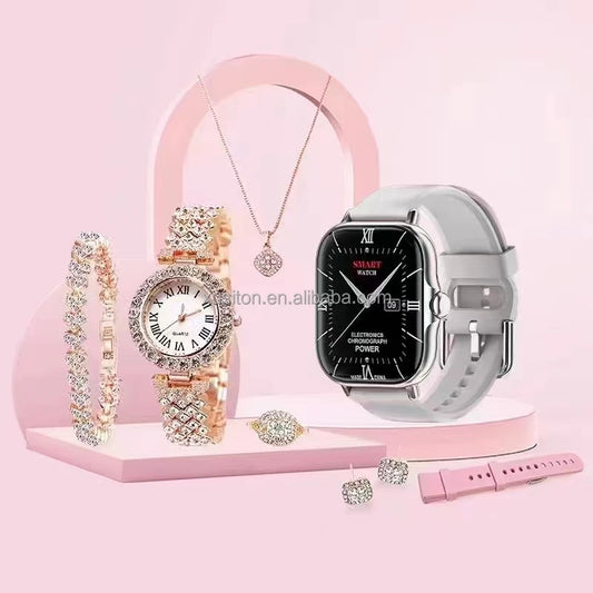 2024 Montre Ensemble Pour Les Femmes A58 PLUS 8 En 1 2 Sangle Anneau Boucle D'oreille Ecran Tactile Dames Montre Intelligente