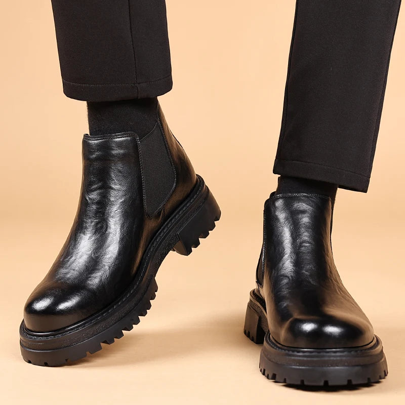Cowhide Genuine Leather Ankle Boots Comfortable Real Cook Leather Dress Shoes Handsome Classy Slip on Men Boots