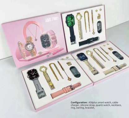 2024 Montre Ensemble Pour Les Femmes A58 PLUS 8 En 1 2 Sangle Anneau Boucle D'oreille Ecran Tactile Dames Montre Intelligente