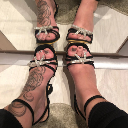 Women Summer Thin Heels Rhinestone Sandals Autumn Fashion PU Leather Insole Pumps Toe Buckle  Closure Sexy Summer Dress