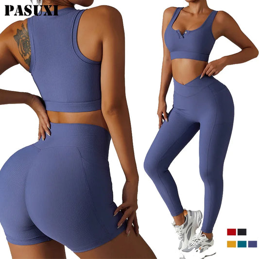 PASUXI Seamless Ribbed Workout Outfits for Women 2/4 Piece Sport Bra High Waist Shorts Yoga Leggings Sets Fitness Gym Clothing