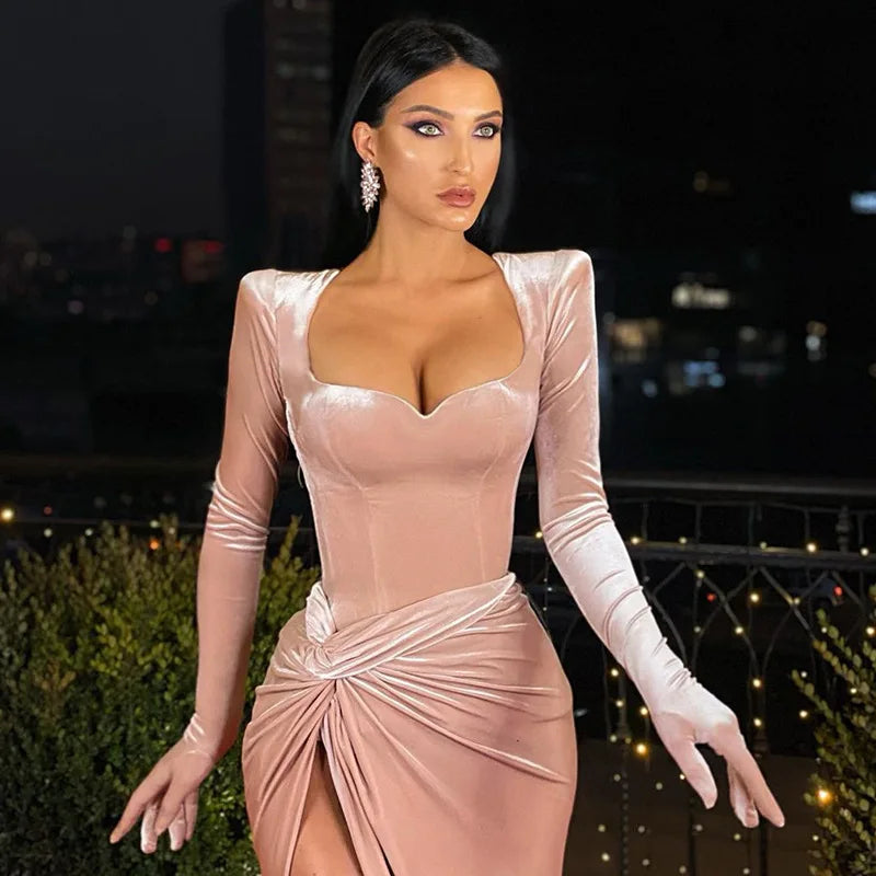 Sexy V Neck Long Sleeve High Split Long Maxi Dress Night Club Prom Wedding Party Dresses Women Evening Elegant Red Velvet Dress
