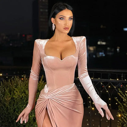 Sexy V Neck Long Sleeve High Split Long Maxi Dress Night Club Prom Wedding Party Dresses Women Evening Elegant Red Velvet Dress
