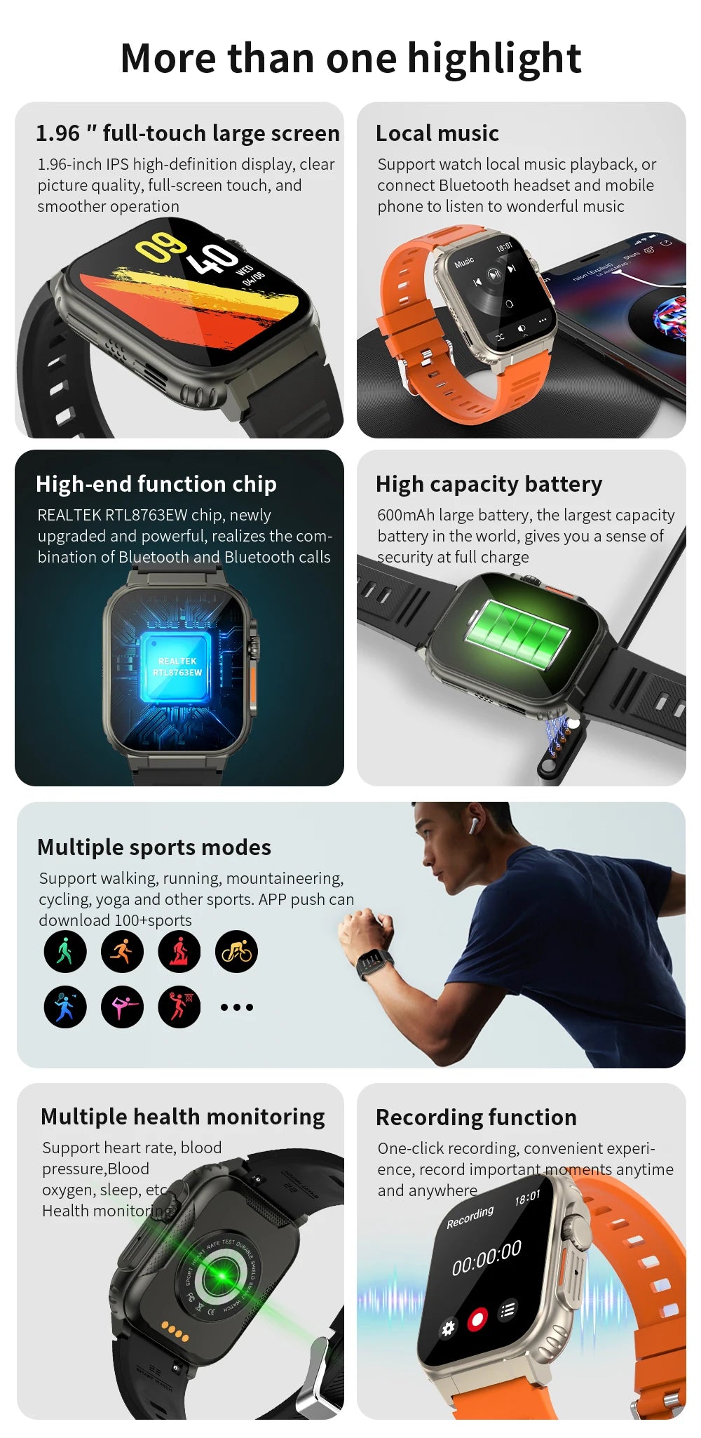 Smart Watch A70 2024 Hot Sale Sport Ip68 Waterproof 2.0 Inch Screen 600mah Long Standby Time Montre Intelligente Fashion Watch
