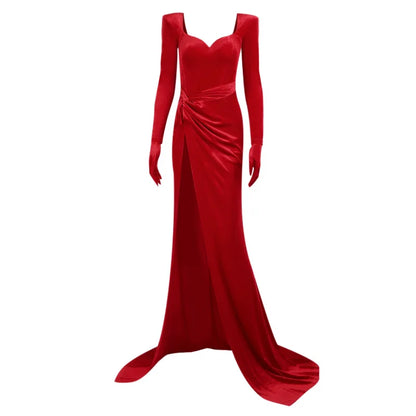 Sexy V Neck Long Sleeve High Split Long Maxi Dress Night Club Prom Wedding Party Dresses Women Evening Elegant Red Velvet Dress