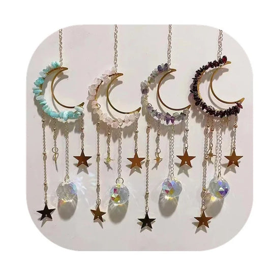 Wholesale Crystals Moon Shaped Natural Mixed Crystal Stone Chips Angel Sun Catcher Stained Glass Hangings for Sale