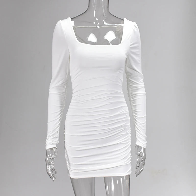 NewAsia Double Layers Sexy Dress Women Long Sleeve Club Dresses Backless Lace Up Ruched Dress Casual White Mini Bodycon Vestidos