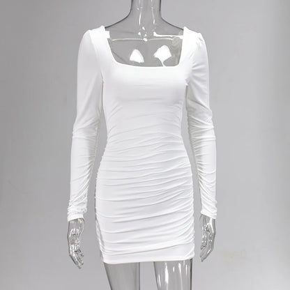 NewAsia Double Layers Sexy Dress Women Long Sleeve Club Dresses Backless Lace Up Ruched Dress Casual White Mini Bodycon Vestidos
