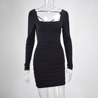 NewAsia Double Layers Sexy Dress Women Long Sleeve Club Dresses Backless Lace Up Ruched Dress Casual White Mini Bodycon Vestidos