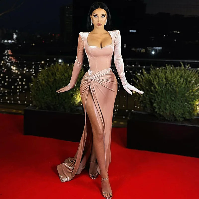 Sexy V Neck Long Sleeve High Split Long Maxi Dress Night Club Prom Wedding Party Dresses Women Evening Elegant Red Velvet Dress