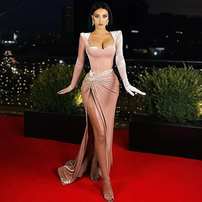 Sexy V Neck Long Sleeve High Split Long Maxi Dress Night Club Prom Wedding Party Dresses Women Evening Elegant Red Velvet Dress