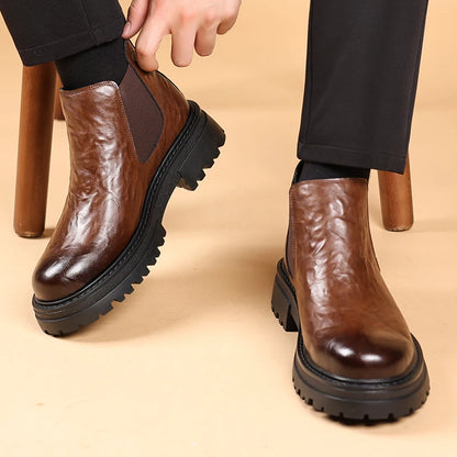 Cowhide Genuine Leather Ankle Boots Comfortable Real Cook Leather Dress Shoes Handsome Classy Slip on Men Boots