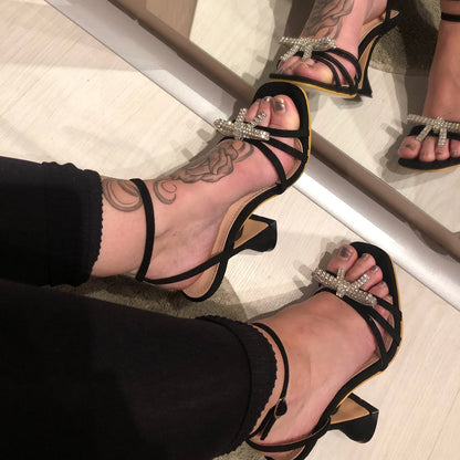 Women Summer Thin Heels Rhinestone Sandals Autumn Fashion PU Leather Insole Pumps Toe Buckle  Closure Sexy Summer Dress