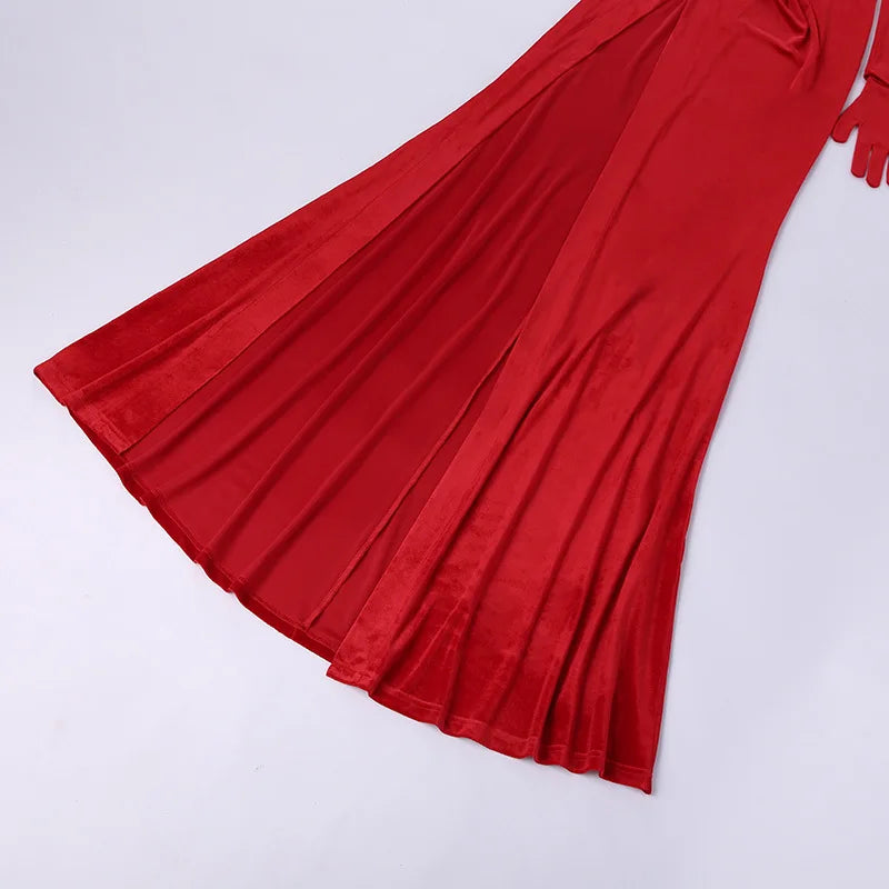 Sexy V Neck Long Sleeve High Split Long Maxi Dress Night Club Prom Wedding Party Dresses Women Evening Elegant Red Velvet Dress